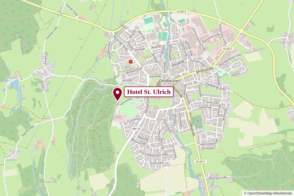 Karte von Ottobeuren mit der Lage des Hotels St. Ulrich am Bannwaldweg